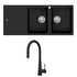 Oliveri Santorini 1 and 3/4 Right Hand Bowl with Drainer and Essente Pull Out Tap Black Pack 31625BLSTBL1512OF image NaN