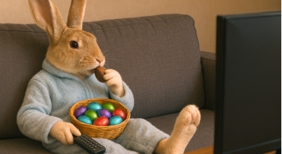 The Easter bunny relaxing on a sofa eating chocolate Easter eggs and watching TV. The image was generated by ChatGPT.