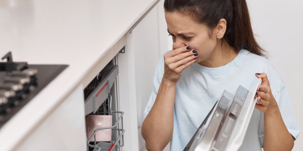 A woman covers her nose as she opens a dishwasher