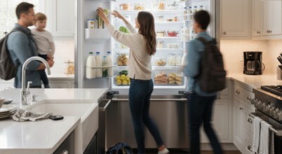 A woman taking items out of a French door fridge with family in busy kitchen