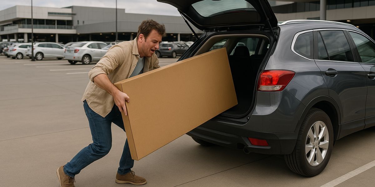 A man struggles to load a new TV into his car.