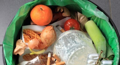A rubbish bin with fruit and vegetable food waste mixed in with general waste