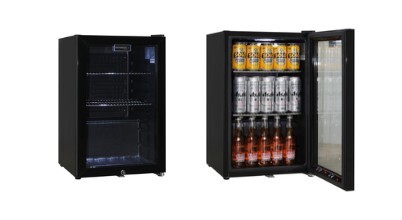 A black Schmick 70L glass door beverage centre sold in Australia by Appliances Online with free delivery