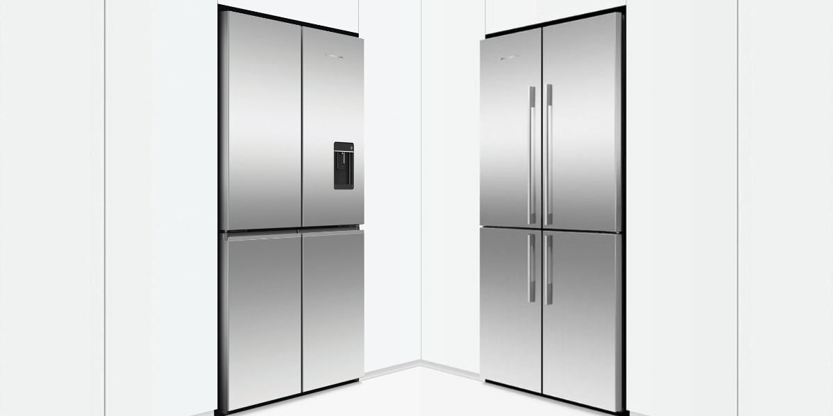 Quad door fridges by Fisher and Paykel, one with a flat door recessed handle design and one with protruding handles.