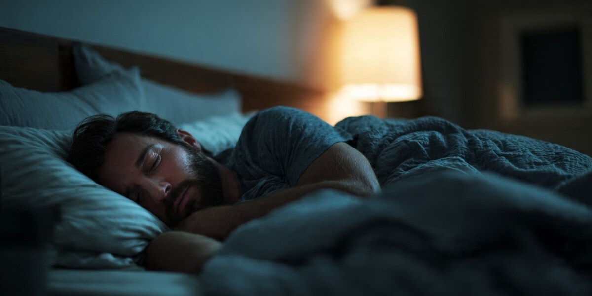 A man sleeps in a dark bedroom