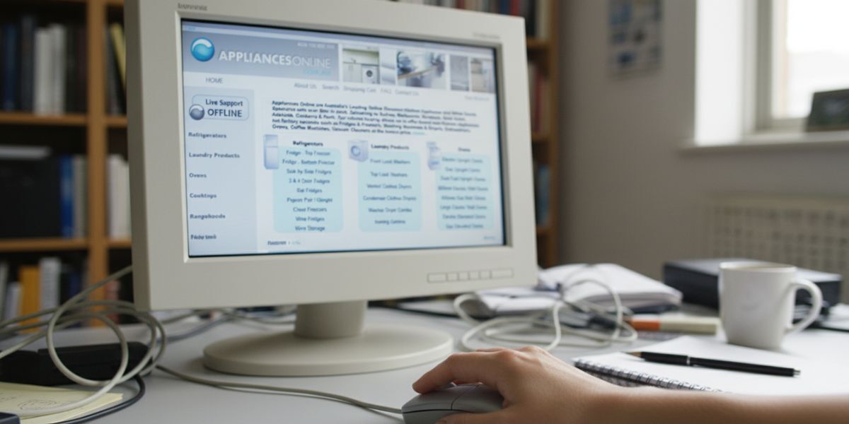A hand on a computer mouse and a screen displaying a 2008-era Appliances Online website homepage